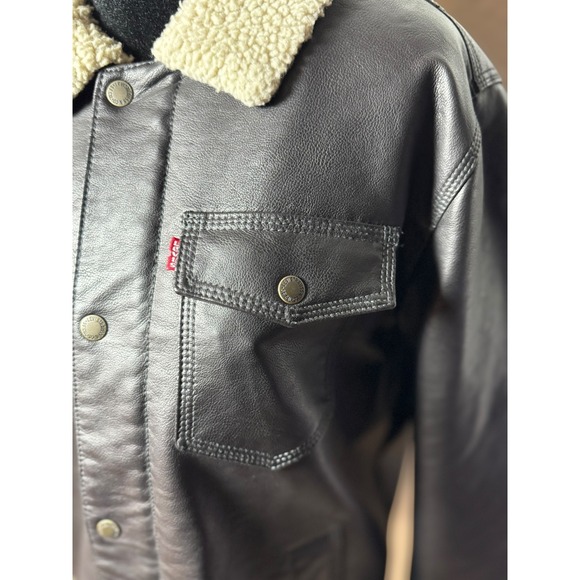 Levi Strauss Co Mens Faux Leather Sherpa Lined Trucker Jacket Dark Brown Size M - Picture 9 of 16